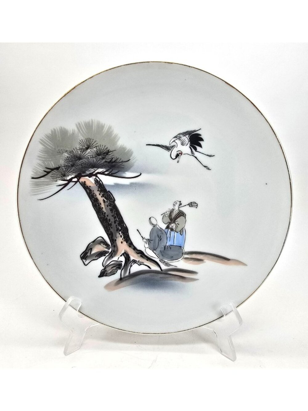 Vintage Japanese Porcelain Decorative Plate With Traditional Scene & Gold Rim